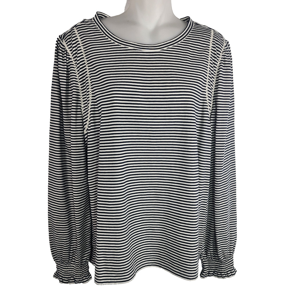 Talbots Womens Lattice Trim Crewneck Tee Stripe Indigo Ivory Cotton Feminine XL